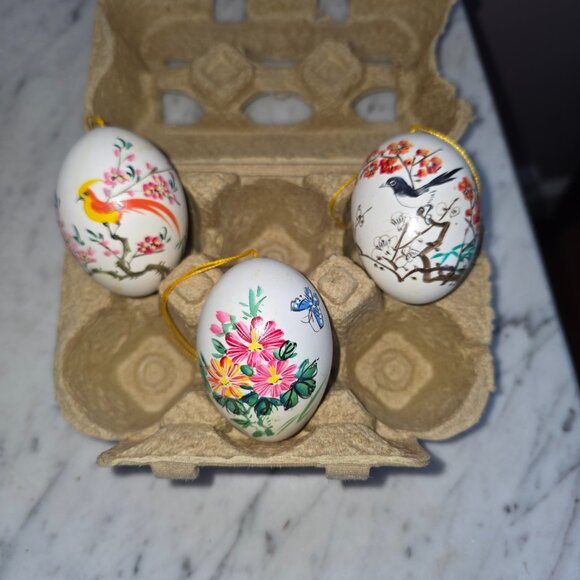 Other - Vintage Hand Painted Decorative Easter Eggs Set 3 Floral Bird Hanging Ornaments